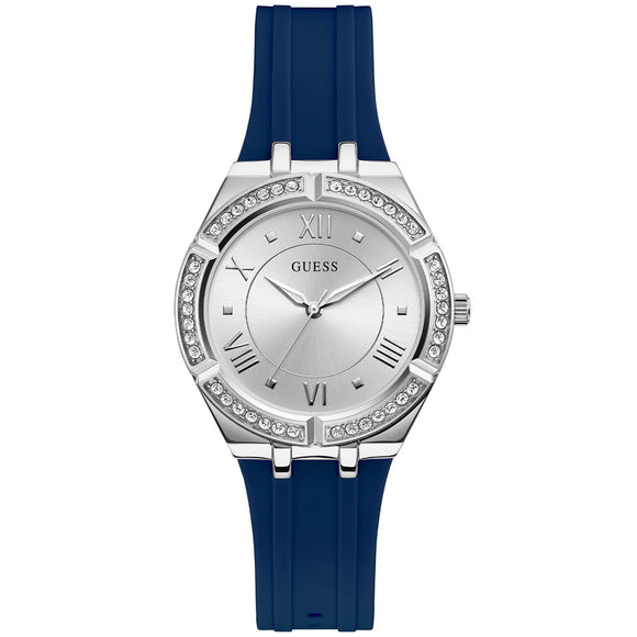 Guess Cosmo Silver Tone Blue Silicone Strap Ladies Watch GW0034L5 - Watch it! Pte Ltd
