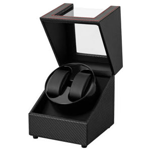 PU Leather Double Watch Winder (Carbon with Red Stitching) - Watch it! Pte Ltd