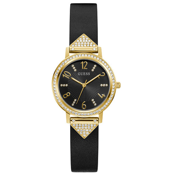 Guess Tri Luxe Gold Tone Crystal Dial Black Leather Strap Watch GW0473L2 - Watch it! Pte Ltd
