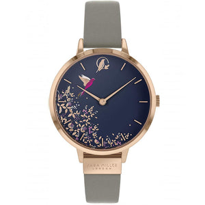 Sara Miller Chelsea Navy Hummingbird Blue Dial Grey Leather Watch SA2022 - Watch it! Pte Ltd