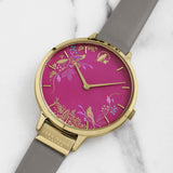 Sara Miller Chelsea Pink Birds Pink Dial Grey Leather Watch SA2016 - Watch it! Pte Ltd